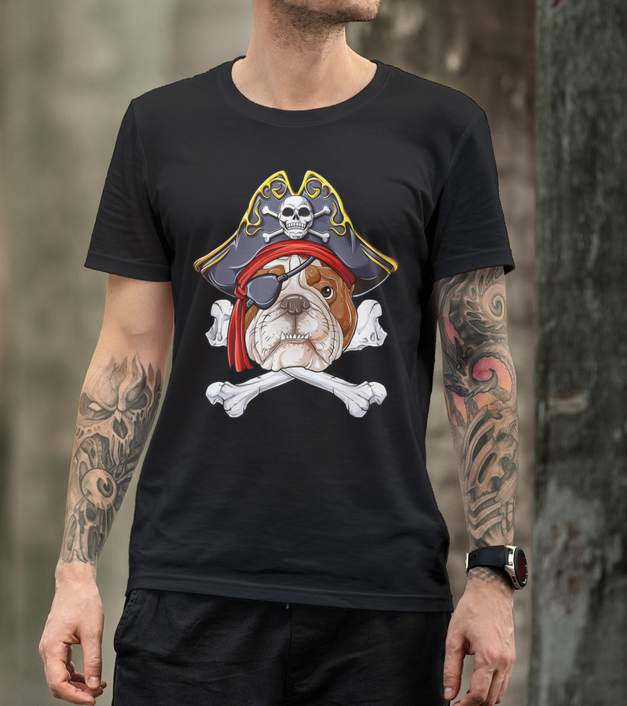 English Bulldog Wearing Pirate Hat With Jolly Roger Crossbones And Eyepatch T-Shirt