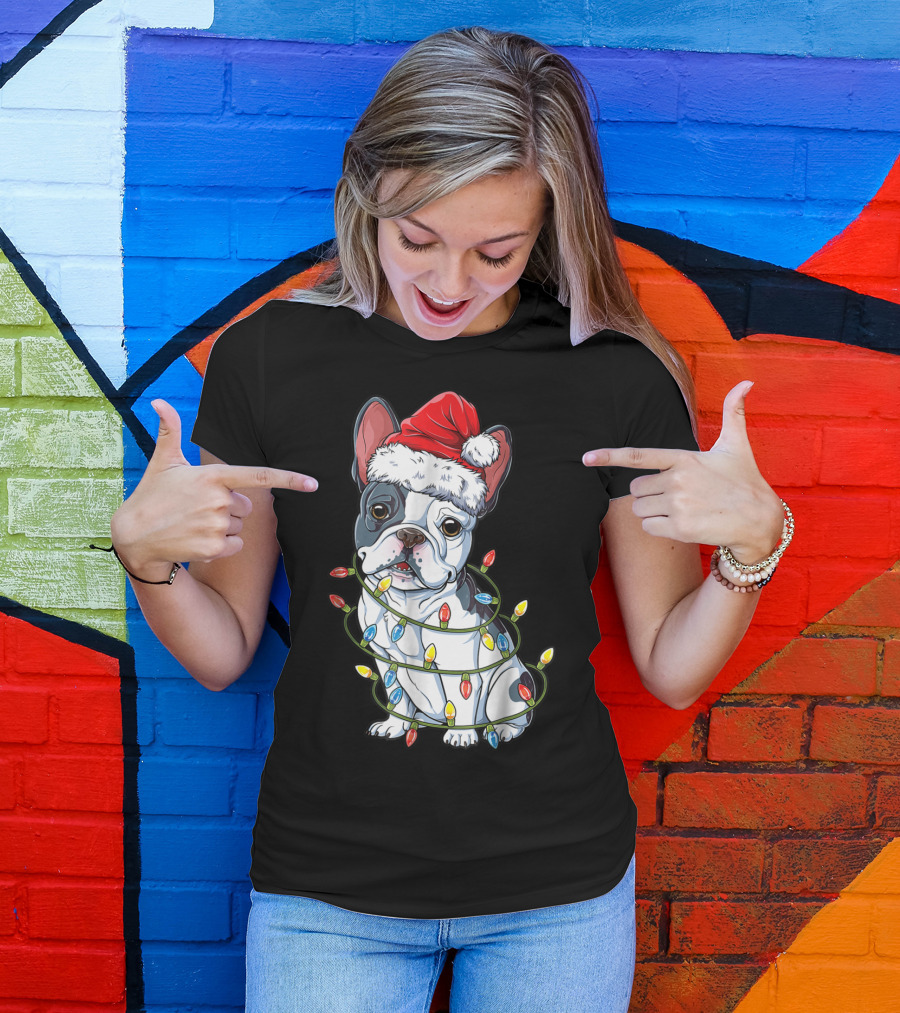 French Bulldog Christmas Santa Hat Wrapped In Xmas Lights T-Shirt