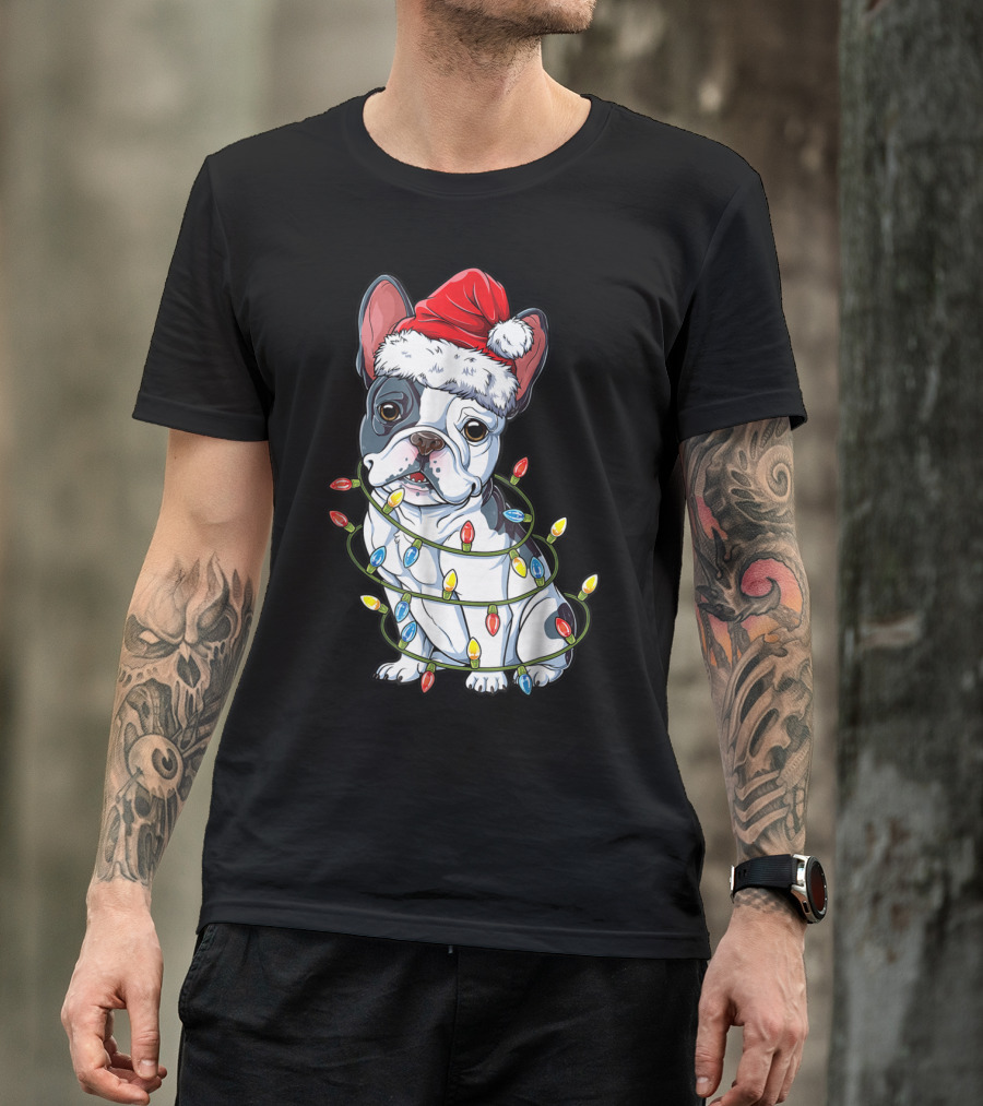 French Bulldog Christmas Santa Hat Wrapped In Xmas Lights T-Shirt