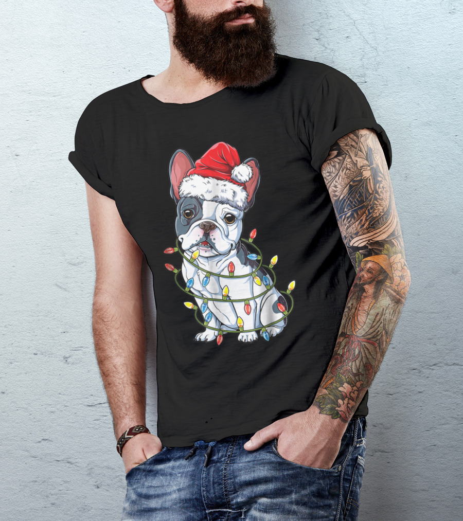 French Bulldog Christmas Santa Hat Wrapped In Xmas Lights T-Shirt