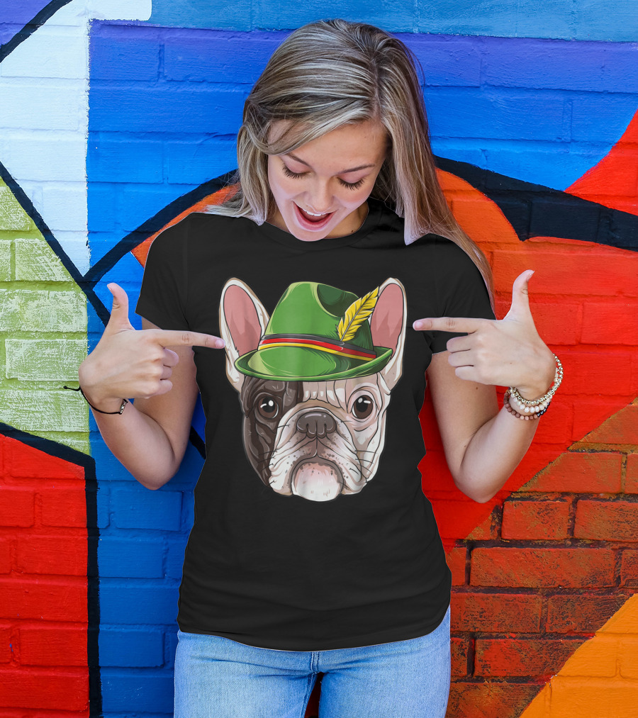 French Bulldog In Green Oktoberfest Hat With Feather T-Shirt