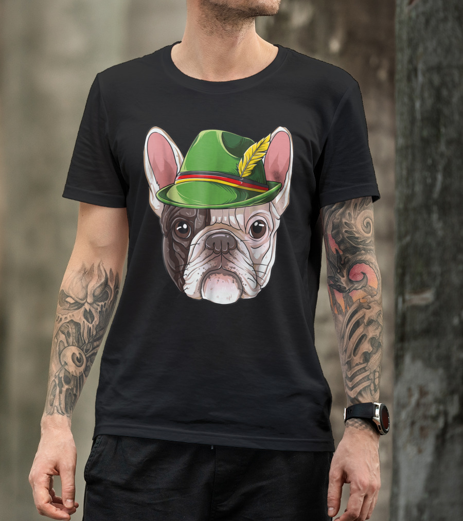 French Bulldog In Green Oktoberfest Hat With Feather T-Shirt