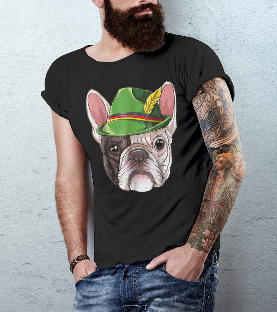 French Bulldog In Green Oktoberfest Hat With Feather T-Shirt