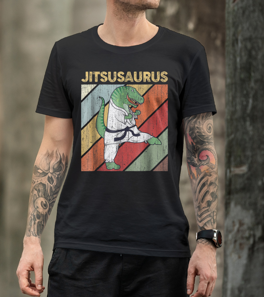 Jitsusaurus Dinosaur In Martial Arts Gi With Vintage Stripes T-Shirt