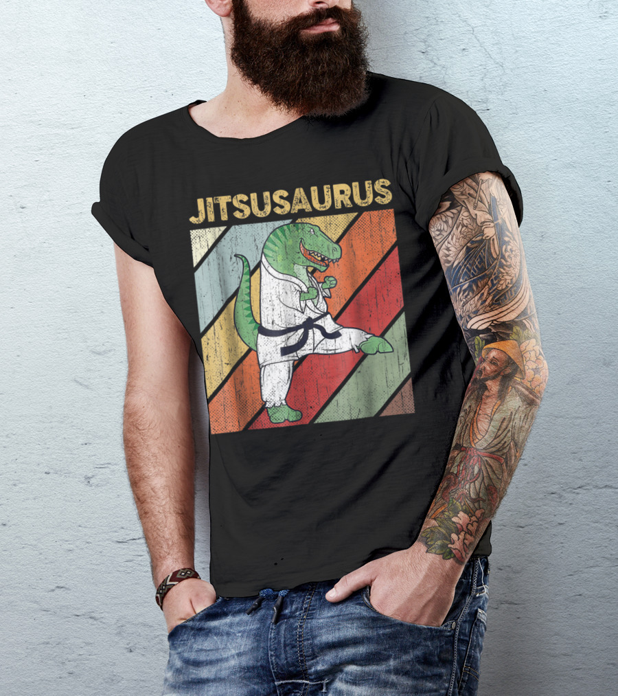 Jitsusaurus Dinosaur In Martial Arts Gi With Vintage Stripes T-Shirt