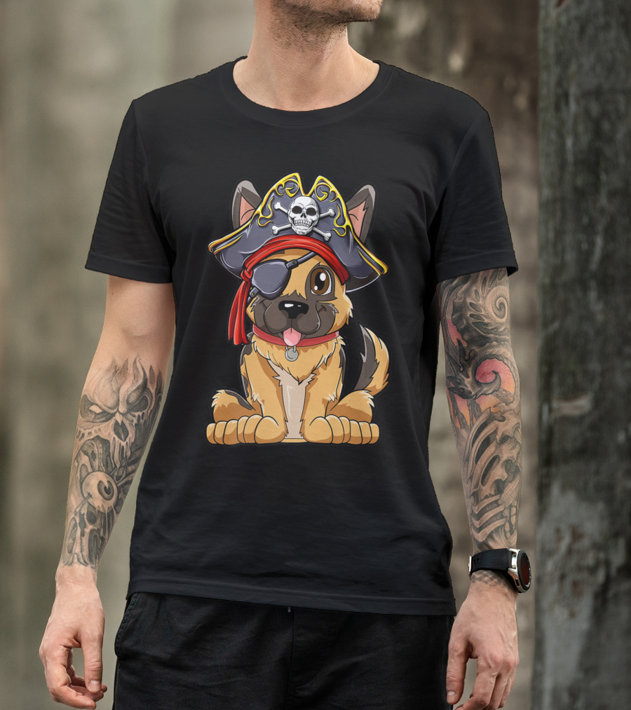 German Shepherd Pirate With Jolly Roger Skull Crossbones And Eyepatch T-Shirt