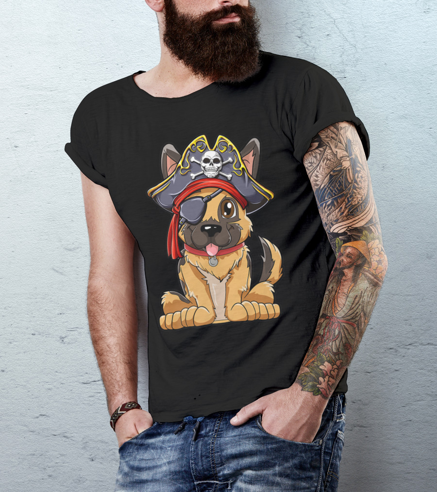 German Shepherd Pirate With Jolly Roger Skull Crossbones And Eyepatch T-Shirt