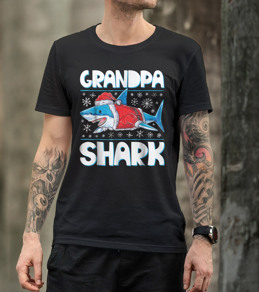 Grandpa Shark Santa With Snowflakes T-Shirt
