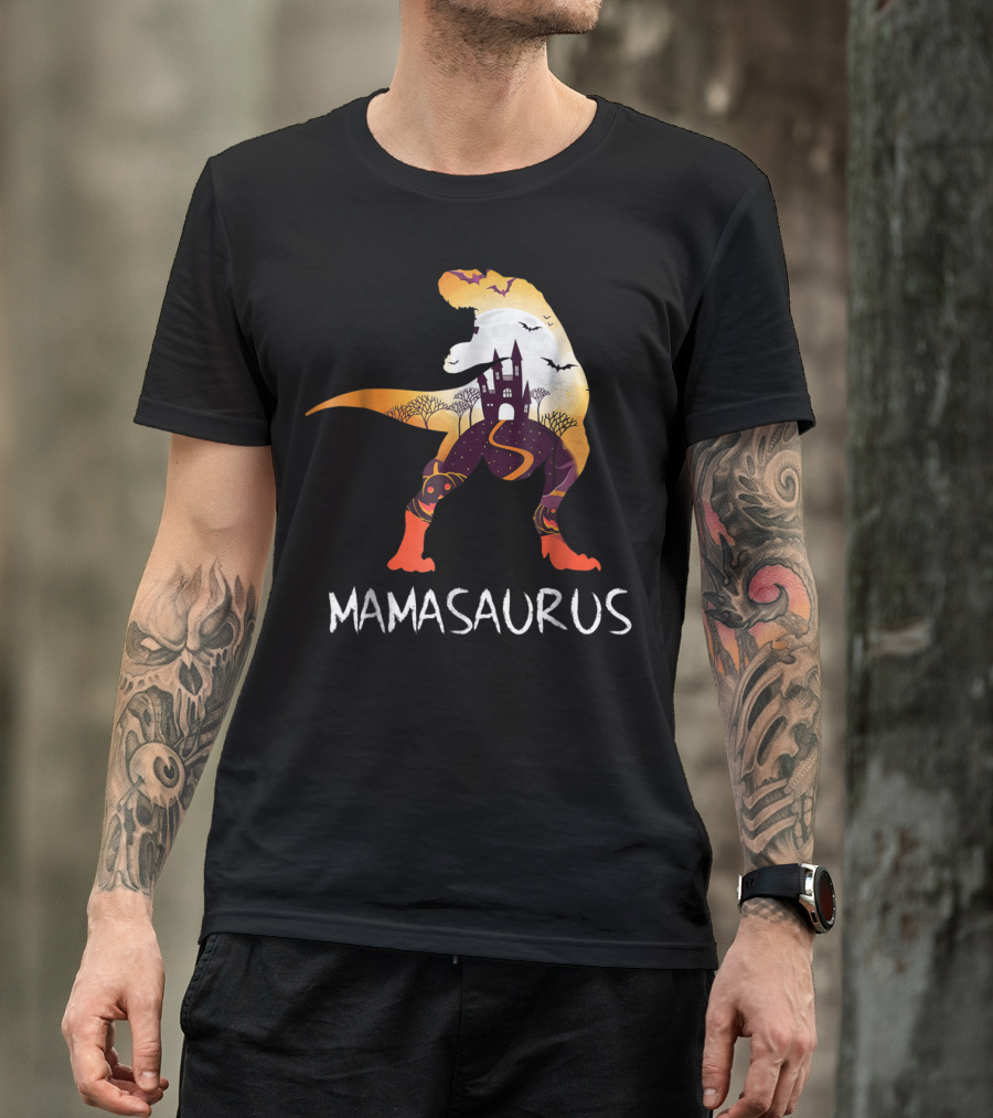 Mamasaurus Halloween Castle Bats T-Rex Scene T-Shirt