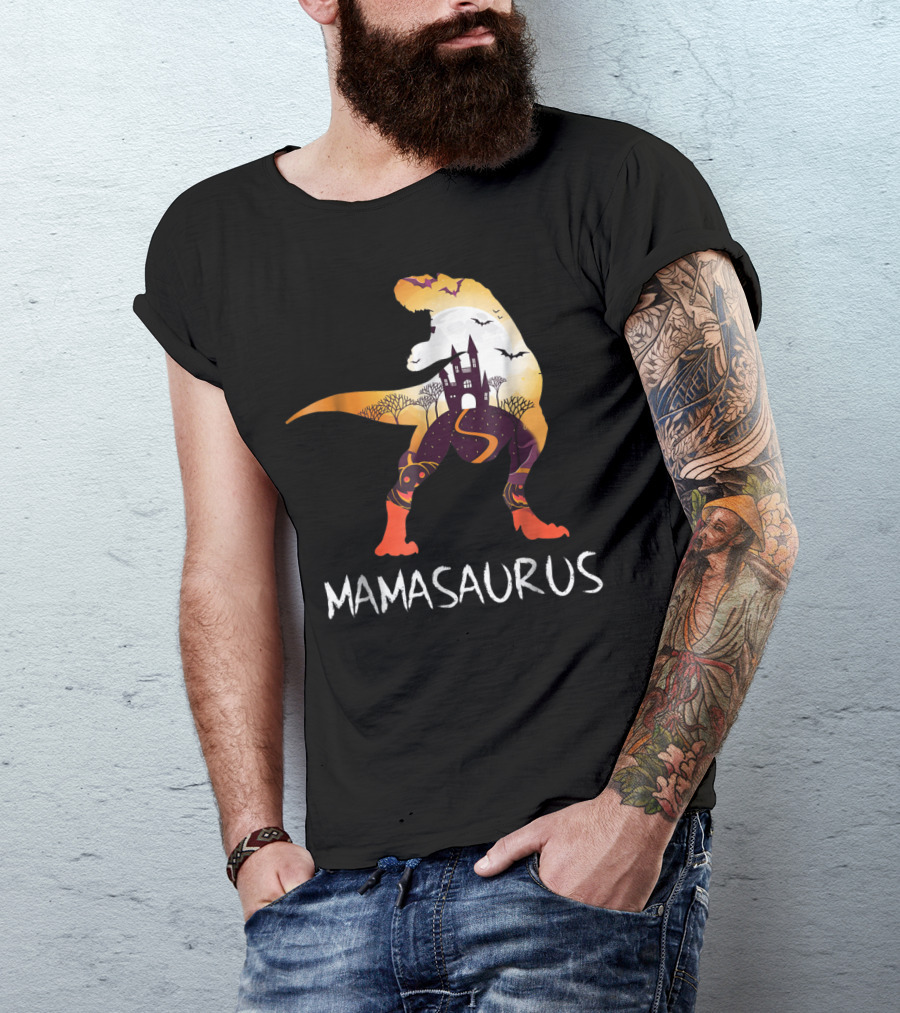 Mamasaurus Halloween Castle Bats T-Rex Scene T-Shirt