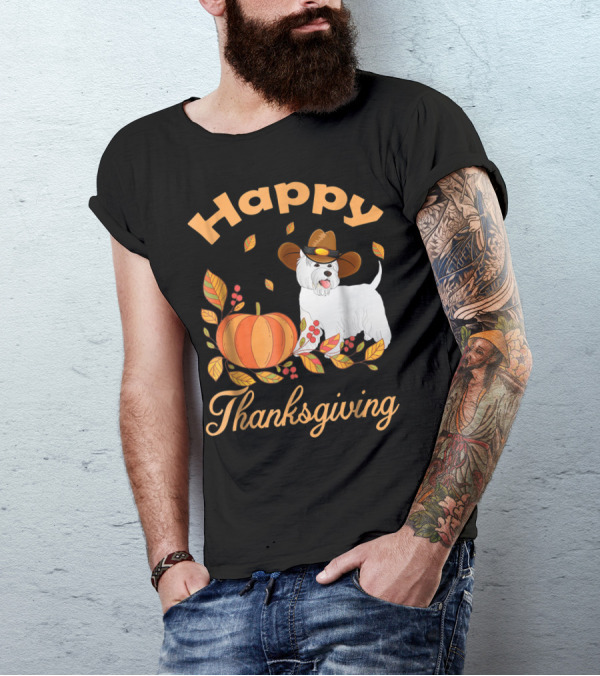 Happy Thanksgiving Westie Pilgrim Dog With Pumpkin And Leaves T-Shirt