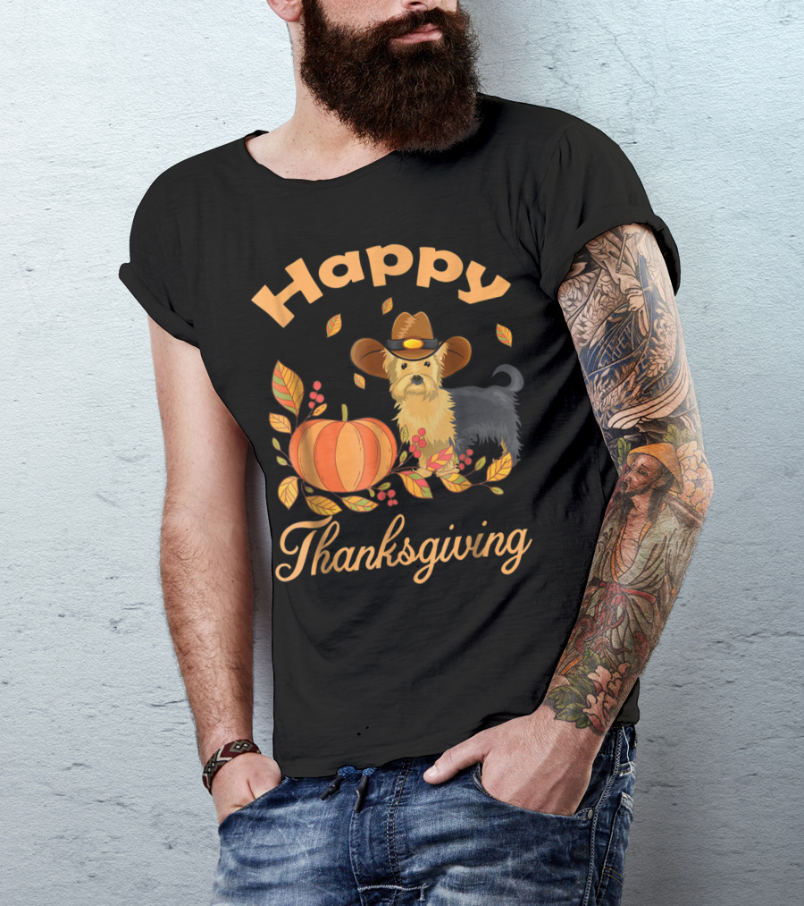 Happy Thanksgiving Yorkie With Pilgrim Hat And Autumn Pumpkin Leaves T-Shirt