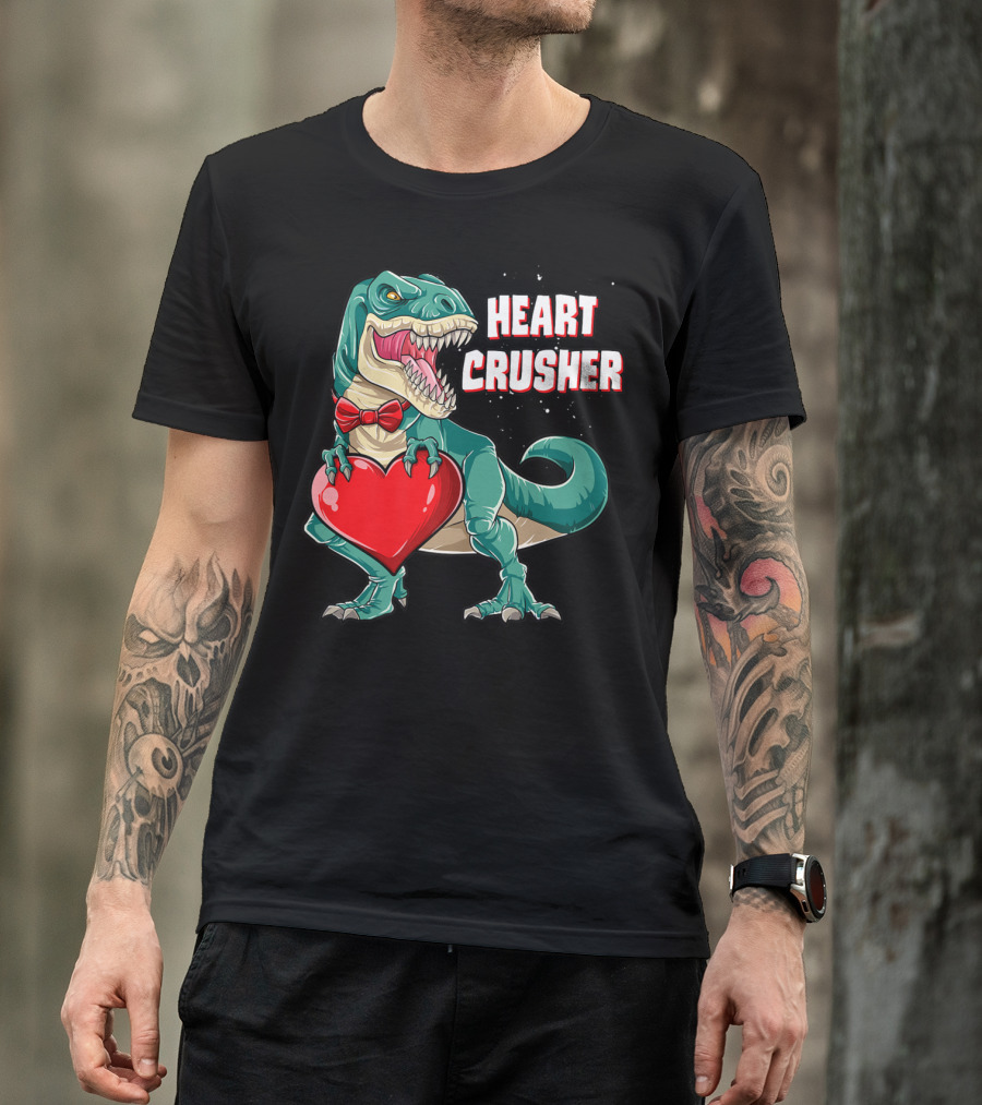 Heart Crusher Valentines Day Dinosaur Rex Bowtie Holding Heart T-Shirt