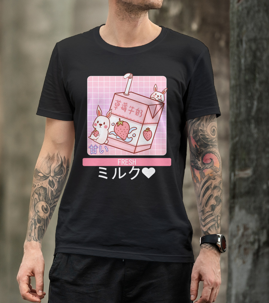 Fresh  Strawberry Milk Carton With Cute Bunny Aesthetic T-Shirt