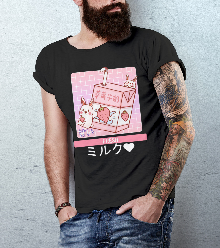 Fresh  Strawberry Milk Carton With Cute Bunny Aesthetic T-Shirt