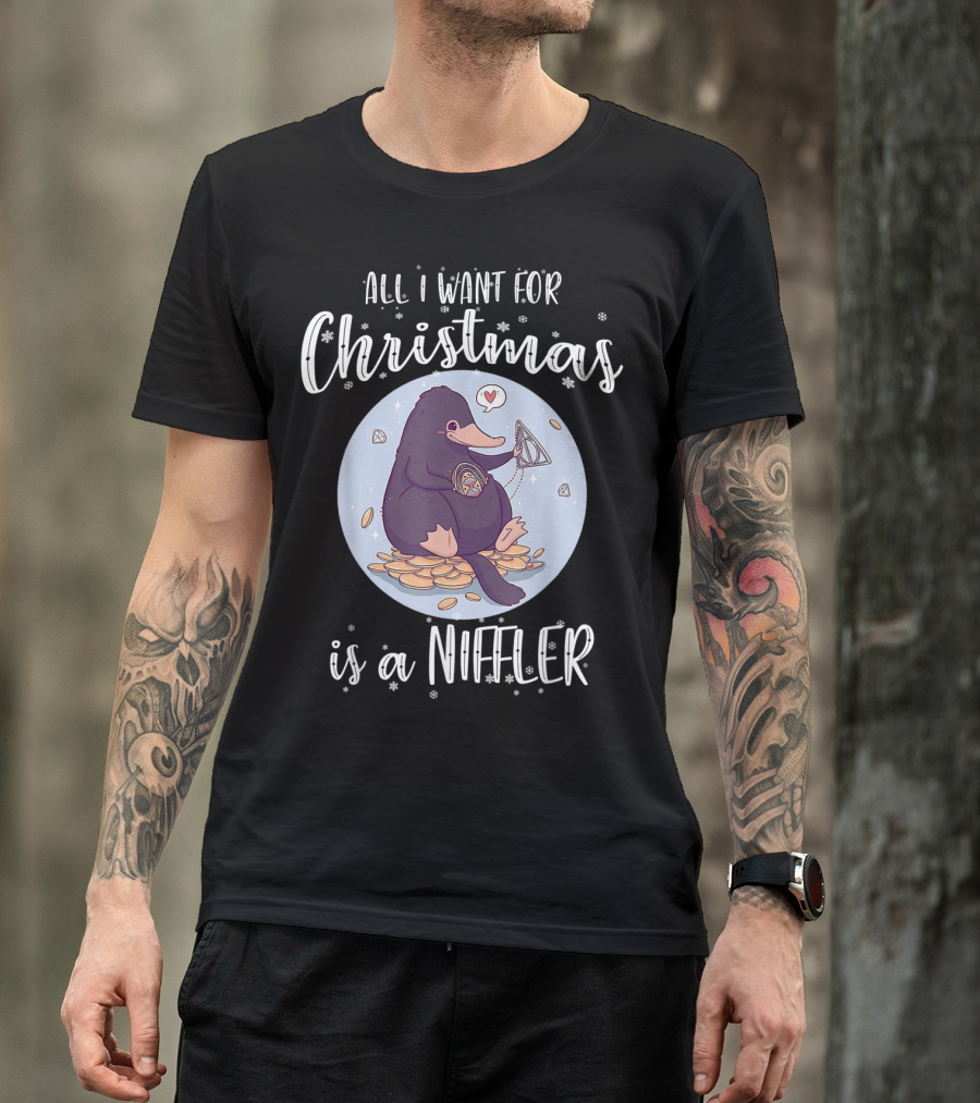 All I Want For Christmas Is A Niffler Snowflakes Coins Jewel Heart Balloon T-Shirt