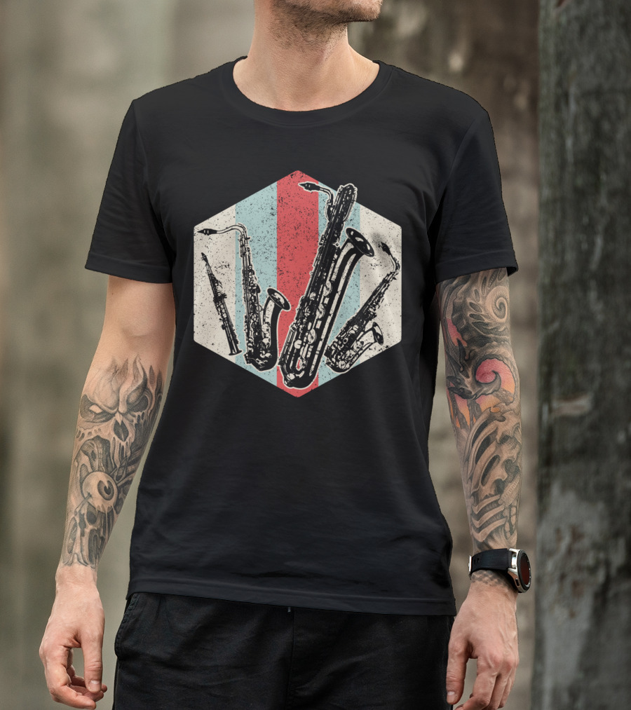 Alto Tenor Soprano Baritone Saxophone Sax Retro Hexagon T-Shirt