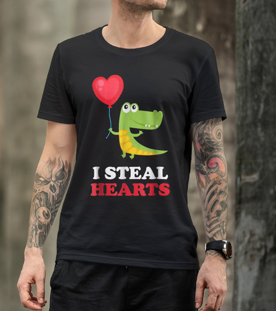 I Steal Hearts Dinosaur Holding Balloon Valentines Day T-Shirt