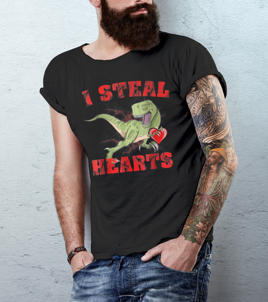 I Steal Hearts Valentine's Day Dinosaur Rex E2 Funny T-Rex Holding Heart T-Shirt