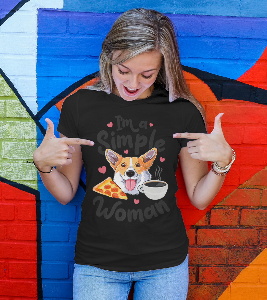 I'm A Simple Woman Corgi Dog Coffee Pizza Hearts T-Shirt