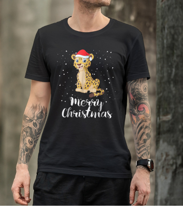 Merry Christmas Leopard Santa Hat Matching Family Group T-Shirt