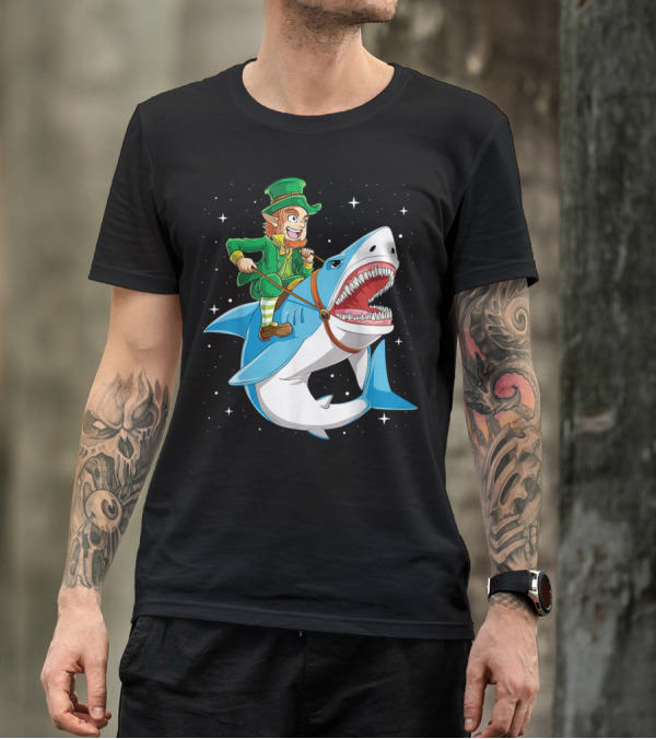 Leprechaun On Great White Shark With Starry Background T-Shirt