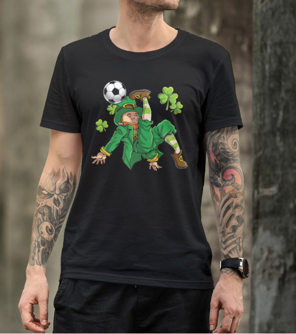 Leprechaun Soccer With Shamrocks And Soccer Ball Kick T-Shirt