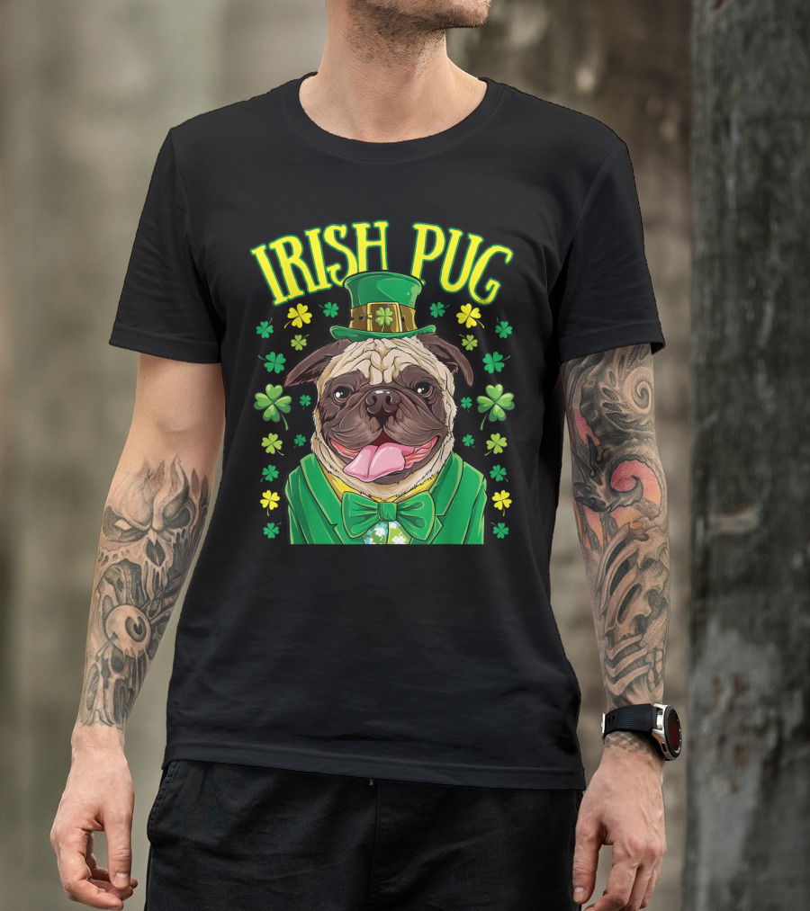 Irish Pug Leprechaun St Patricks Day Boys Dog Shamrock Hat Bow Tie T-Shirt