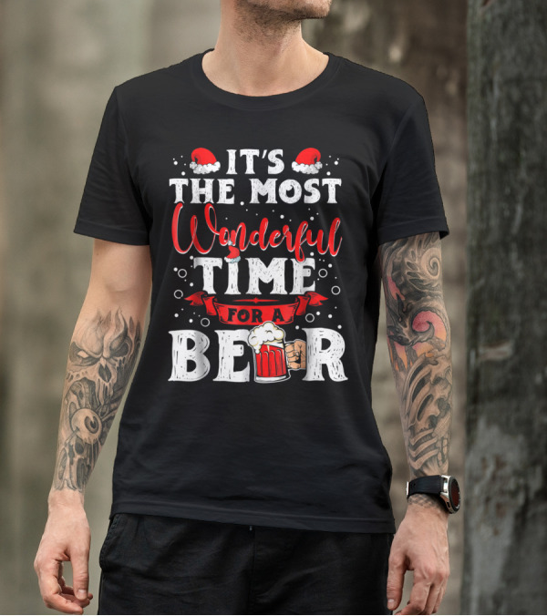 It's The Most Wonderful Time For A Beer Santa Hat Bubbles Cheers T-Shirt