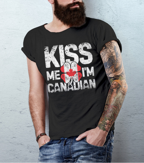 Kiss Me I'm Canadian St Patricks Day Shamrock Maple Leaf T-Shirt