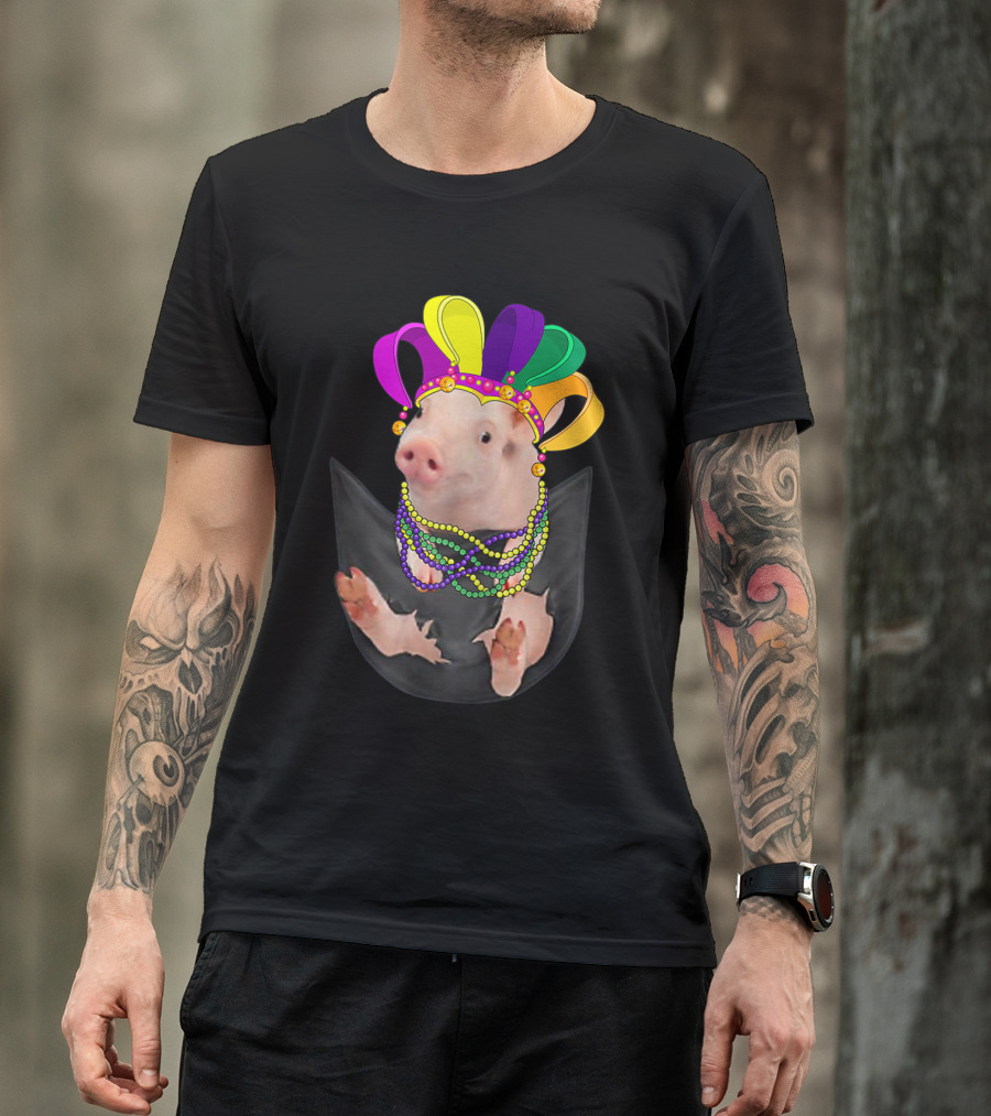 Mardi Gras Pig In Your Pocket With Colorful Beads And Jester Hat Farm Animal T-Shirt