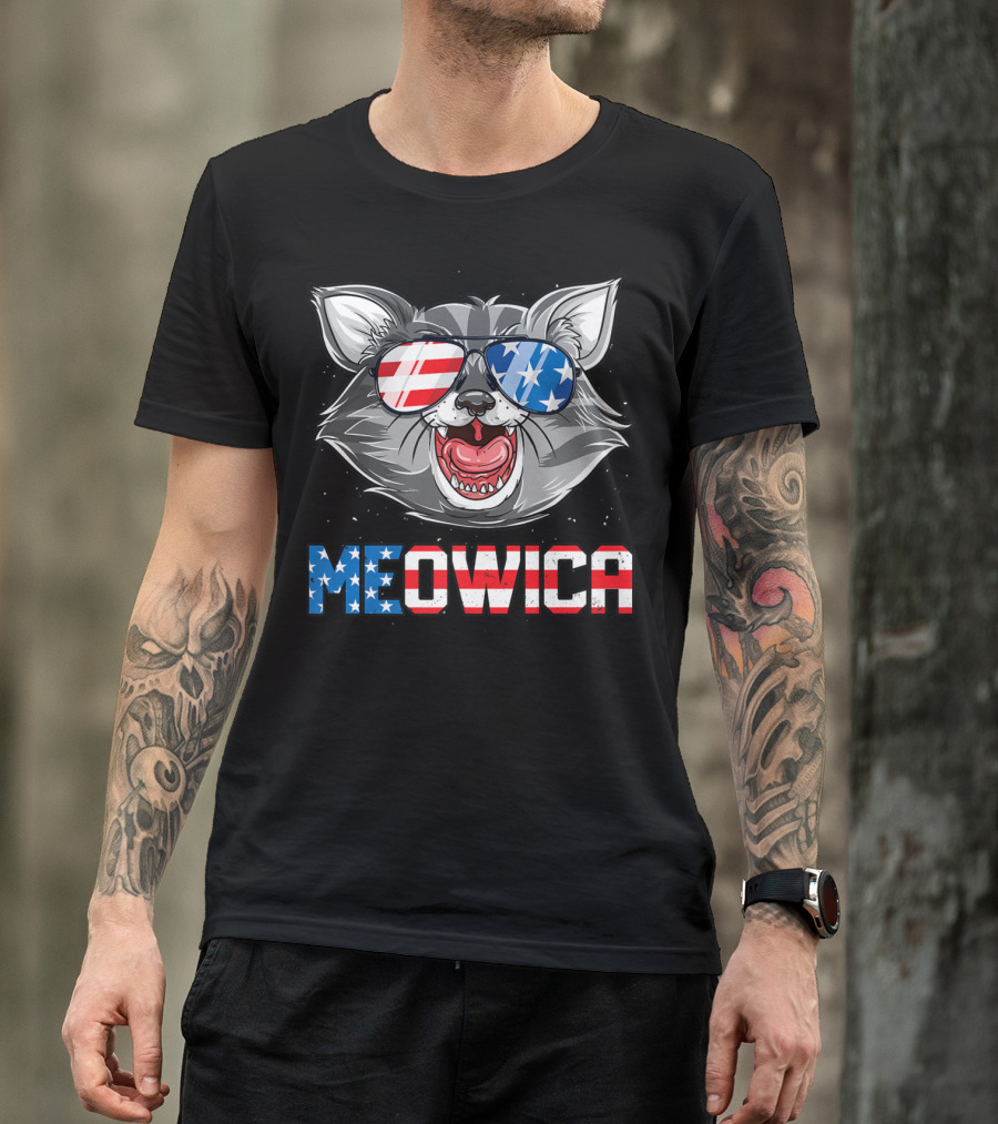 Meowica American Flag Cat Sunglasses 4th Of July Merica T-Shirt