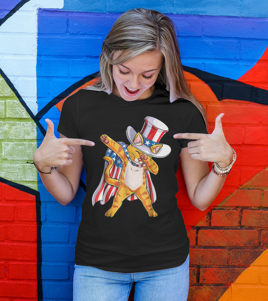 Meowica Dabbing Cat Patriotic Uncle Sam 4th Of July T-Shirt