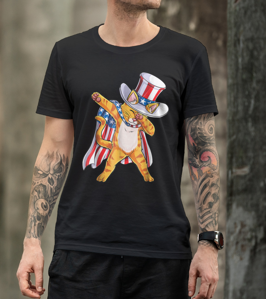 Meowica Dabbing Cat Patriotic Uncle Sam 4th Of July T-Shirt