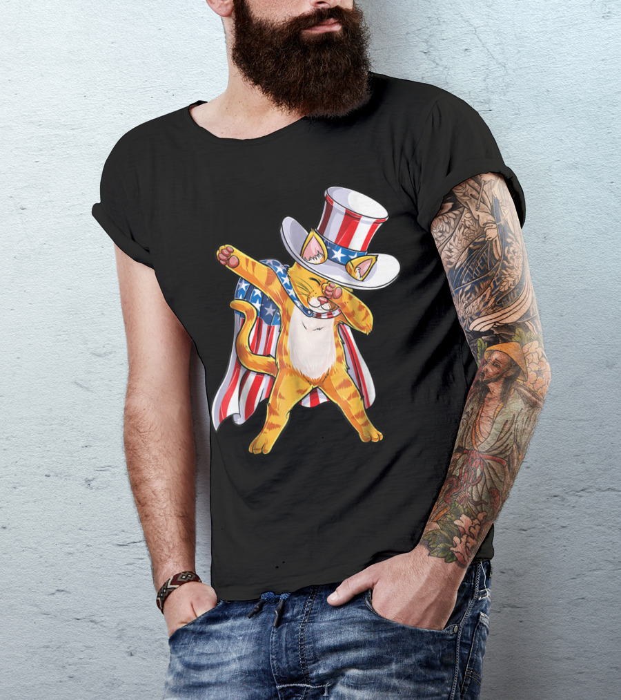 Meowica Dabbing Cat Patriotic Uncle Sam 4th Of July T-Shirt