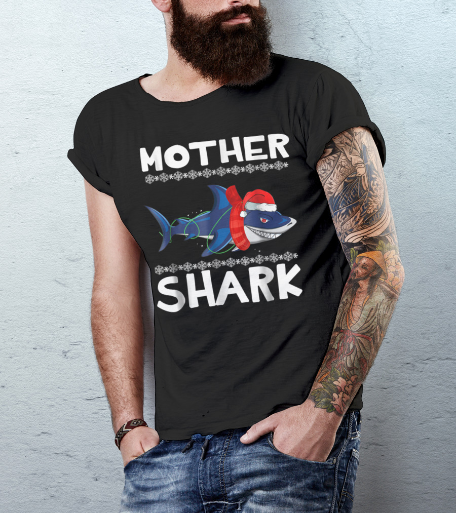 Mother Shark Ugly Christmas Sweater Santa Hat Family T-Shirt