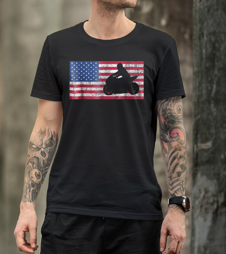 Moto Sport USA Flag Pride 4th Of July Motorbike Rider T-Shirt