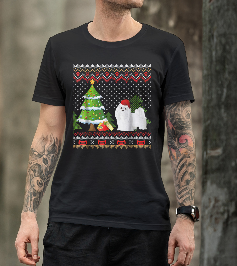 Maltese Santa Christmas UglyDog With Festive Tree And Gifts T-Shirt