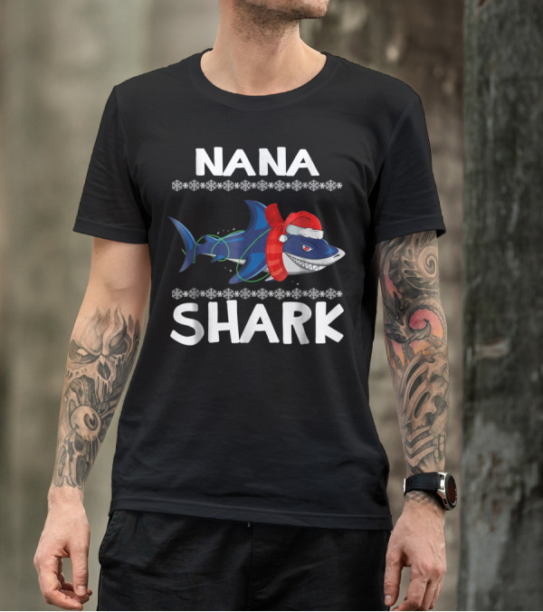 Nana Shark Christmas Sweater With Santa Hat And Snowflakes T-Shirt