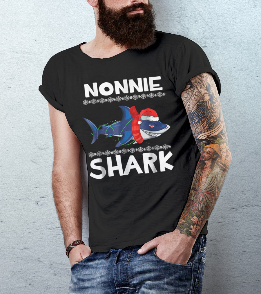 Nonnie Shark Christmas Family With Santa Hat And Scarf T-Shirt