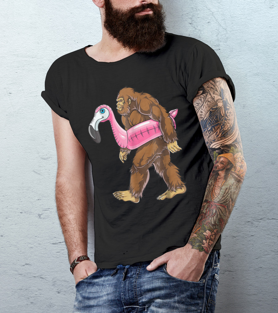 Pool Party Bigfoot With Pink Flamingo Float Sasquatch T-Shirt