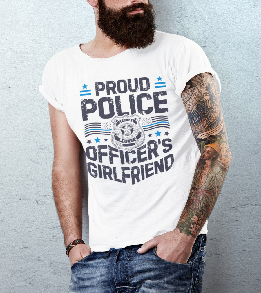 Proud Police Officer's Girlfriend Thin Blue Line Badge And Stars T-Shirt