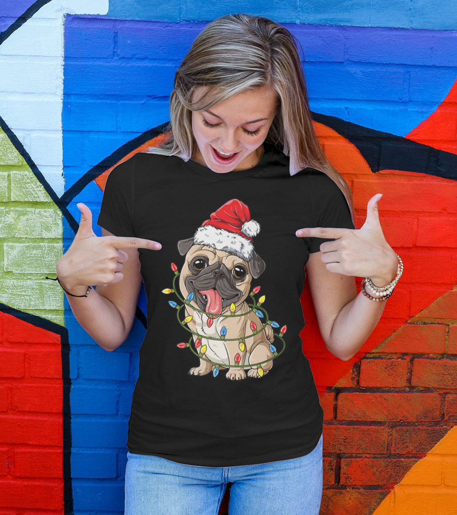 Pug Wearing Santa Hat Wrapped In Xmas Lights For Christmas T-Shirt