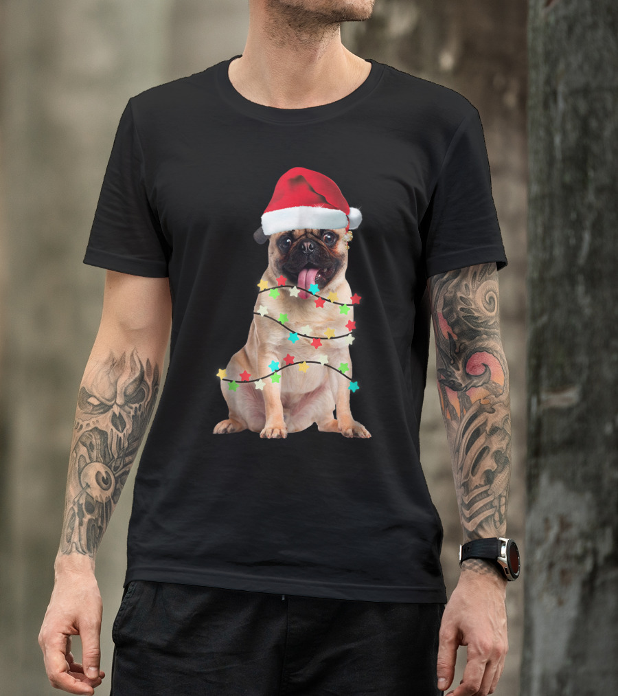 Pug Santa Christmas Light Wrapping Festive Holiday Hat T-Shirt