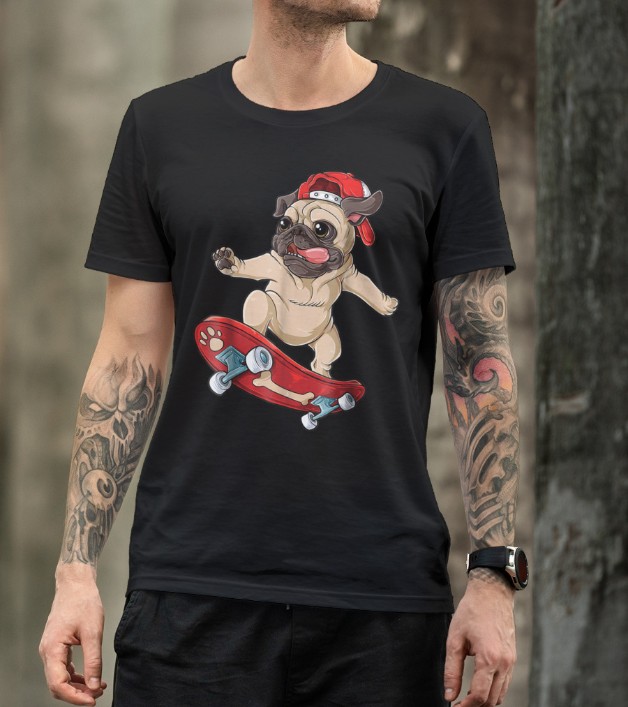 Pug Puppy Skater With Red Hat And Paw Print Skateboard T-Shirt