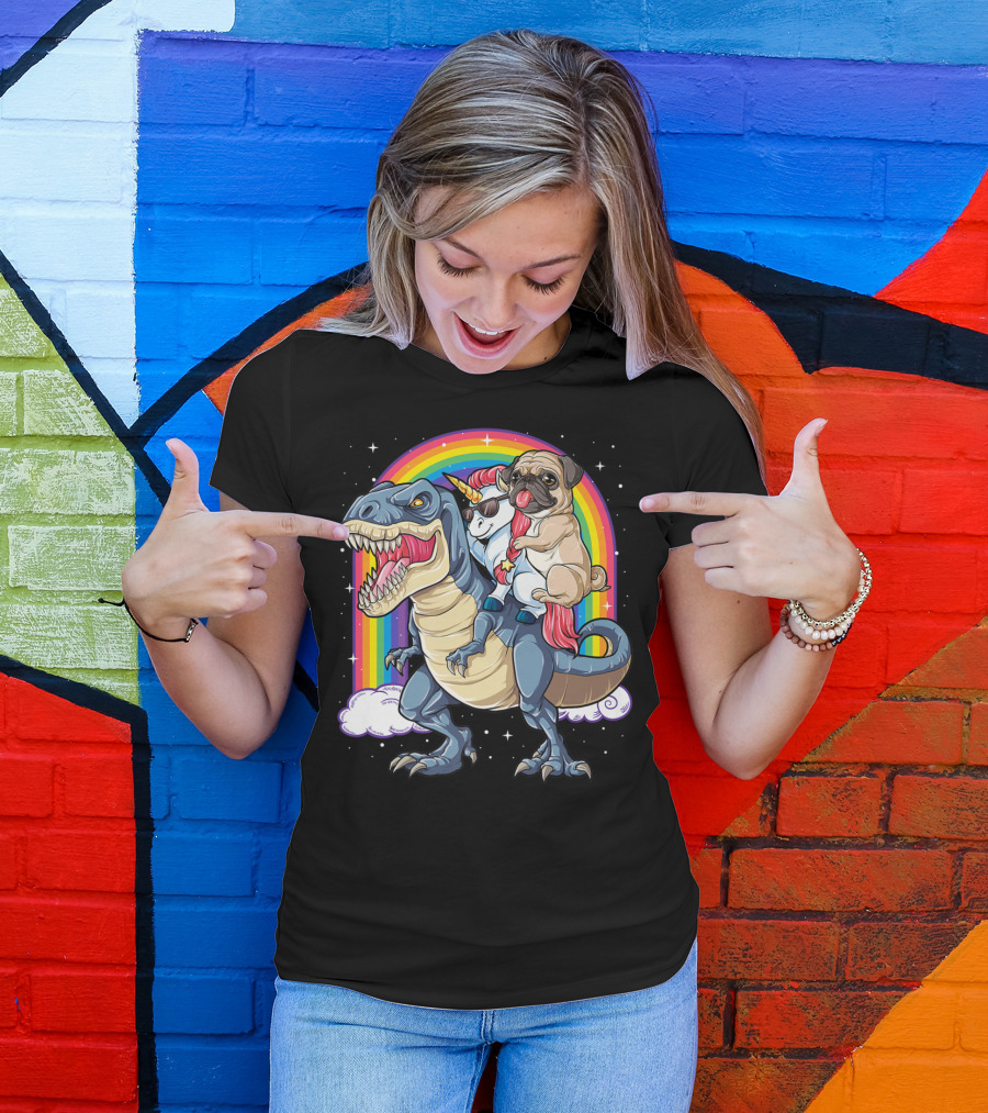 Pug Unicorn Riding Dinosaur With Rainbow Kids Girls Women T-Shirt