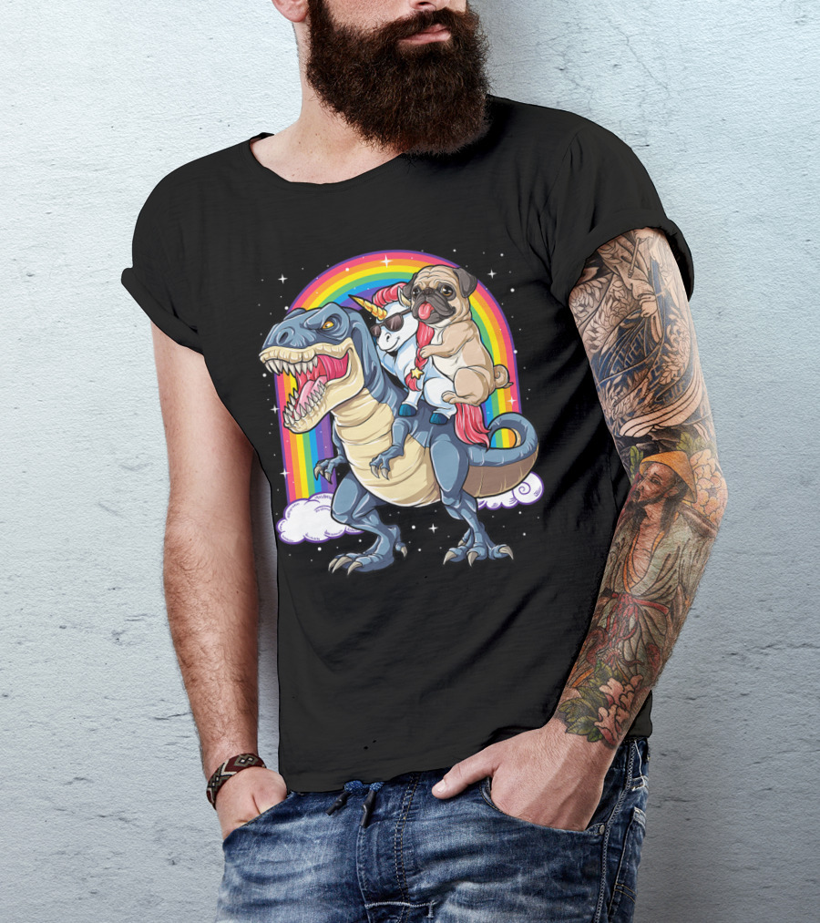 Pug Unicorn Riding Dinosaur With Rainbow Kids Girls Women T-Shirt