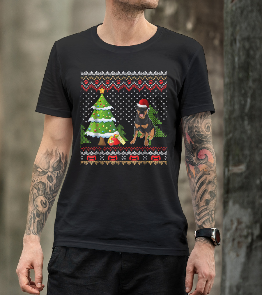 Rottweiler Santa Christmas Ugly Dog Sweater Tree And Gifts T-Shirt