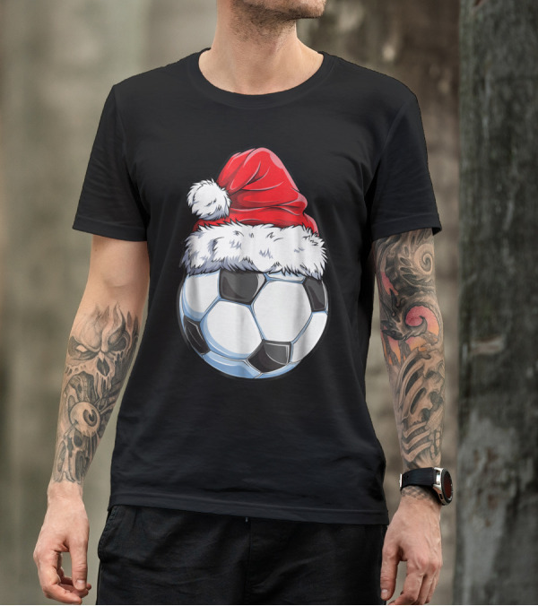 Santa Hat On Soccer Ball Christmas Xmas T-Shirt