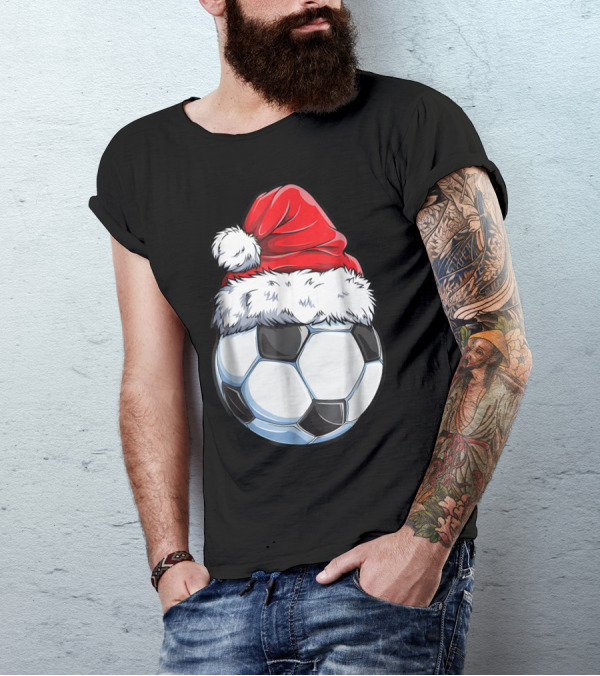 Santa Hat On Soccer Ball Christmas Xmas T-Shirt